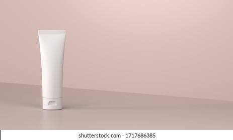 Women Skincare Product Crean Tube Blank Package Composition On Pink Background. Hand Cream. Feminine Cosmetics Mockups For Advertising Design. 3d Rendering Template