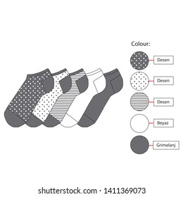Women socks technical drawning.Socks portfolio.Animal print.Stripe and polka-dot.Summer socks collection.Template design.Portfolio sign.