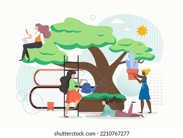 Women Studying Gardening Online Sitting On Tree, Reading Book Lying Under Tree, Flat Illustration. Horticulture Distance Learning. Science And Art Of Growing Garden And House Plants.