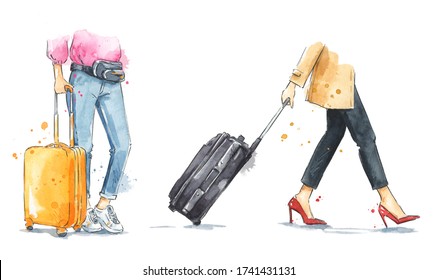 Women With Wheeled Suitcases Walking. Watercolor  Luggage Illustration