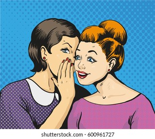 Women Whisper To Ear Pop Art Retro Comic Vintage Style Illustration