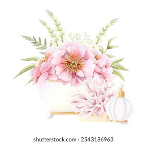 Womens Day peony flowers bouquet in white vintage vase with perfume bottle watercolor isolated illustration. Blooming peonies with Matthiola and fern for wedding and bachelorette party invitations - Powered by Shutterstock