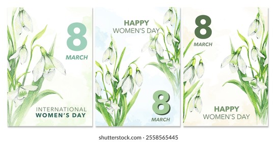 Womens Day Poster. Set of Floral Posters for 8 March with Snowdrops. Watercolor Flower design with tulips Womens Day Greeting Cards. Women Day background Templates with Floral Watercolor - Powered by Shutterstock