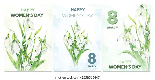 Womens Day Poster. Set of Floral Posters for 8 March with Snowdrops. Watercolor Flower design with tulips Womens Day Greeting Cards. Women Day background Templates with Floral Watercolor - Powered by Shutterstock