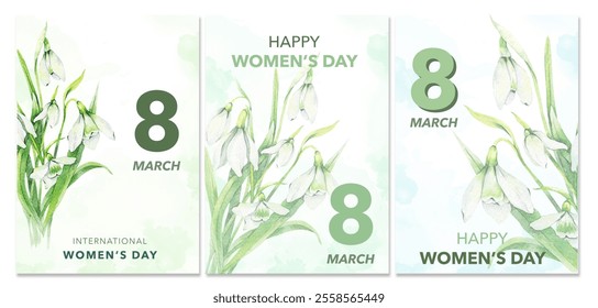 Womens Day Poster. Set of Floral Posters for 8 March with Snowdrops. Watercolor Flower design with tulips Womens Day Greeting Cards. Women Day background Templates with Floral Watercolor - Powered by Shutterstock