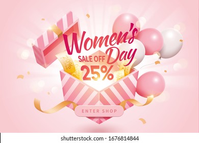 Women's Day Sale Pop Up Ads For With Design Concept Of Opening A Surprising Gift, Decorated By Cute Balloons And Additional Coupons