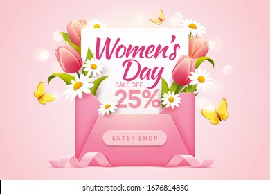 Women's Day Sale Pop Up Ads For With 25 Percent Discount Decorated By A Cute Pink Envelope And Lovely Flowers