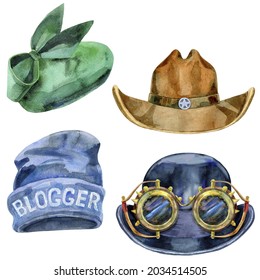 women's green cap, cowboy hat, bowler hat with goggles and blue beanie. Watercolor drawing set