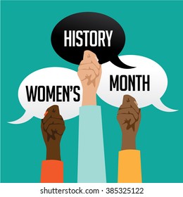 Women's history month design with multicultural hands holding speech bubbles.