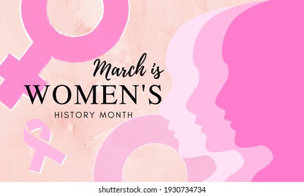 Women's History Month Three images of women overlap in pink tones during the Women's History Month are graphic. And a pink ribbon symbol of breast cancer. - Powered by Shutterstock