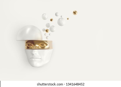 Women's mask on the wall with flying out of her three-dimensional elements. Abstract background. 3D illustration