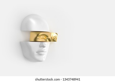 Women's mask on the wall with flying out of her three-dimensional elements. Abstract background. 3D illustration