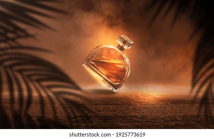 Women's Perfume in a glass bottle on a dark natural empty stage, wet asphalt, close-up. Sunlight, palm branch, shadow.  3D illustration