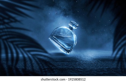 Women's Perfume In A Glass Bottle On A Dark Natural Empty Stage, Wet Asphalt, Close-up. Sunlight, Palm Branch, Shadow. 3D Illustration