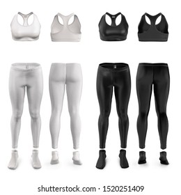 Women's sportswear for running, fitness, yoga. Set of black and white. Front and back view. Mockup clothes for design, logo, branding. 3d realistic detailed illustration isolated on white background.