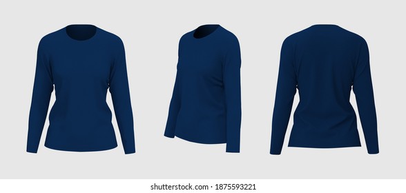 women's t-shirt mockup in front, side and back views, design presentation for print, 3d illustration, 3d rendering