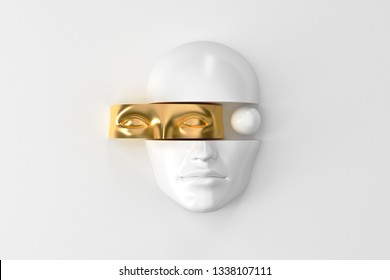 Women's volume face cut to pieces. Part of the face represents the mask. Concept art surreal superhero, woman in hijab or ninja 3D illustration