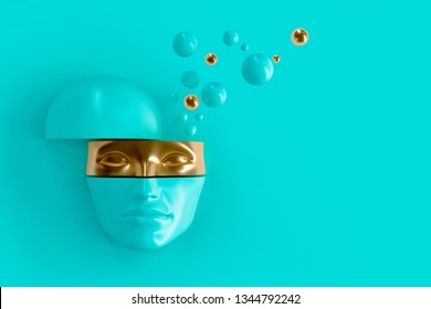Women's volume face cut to pieces. Part of the face represents the mask. From the head of the fly balls. Concept art surreal superhero, woman in hijab or ninja 3D illustration