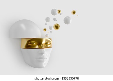 Women's volume face cut to pieces. Part of the face represents the mask. From the head of the fly balls. Concept art surreal superhero, woman in hijab or ninja 3D illustration