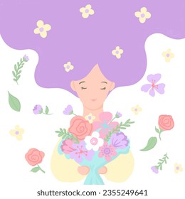 Women's wellness, healthy lifestyle, meditation, self-love, positive thoughts concept. Illustration of a woman holding a bouquet of flowers in pastel colours. - Powered by Shutterstock