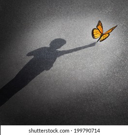 Wonder And Discovery Concept As A Shadow Of A Child Reaching Out To Touch A Butterfly As An Education Learning Symbol Of Childhood Curiosity And Innocence Towards Nature And The World Around Them.