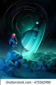 Wonder Exploration. A Futuristic Human Exploring A Strange Planet System. 3D Illustration.