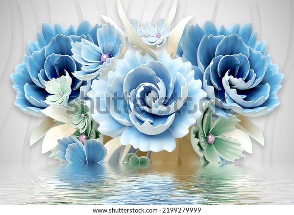 Wonderful flowers blue and reflection water wallpaper 3d