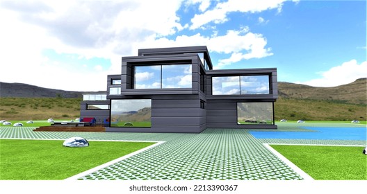 A Wonderful Luxury Cottage In Mountainous Eco-friendly Region. The House Is Designed With The Latest Technology. Full Autonomy And Low Power Consumption. Zero Carbon Monoxide Emissions. 3d Rendering.