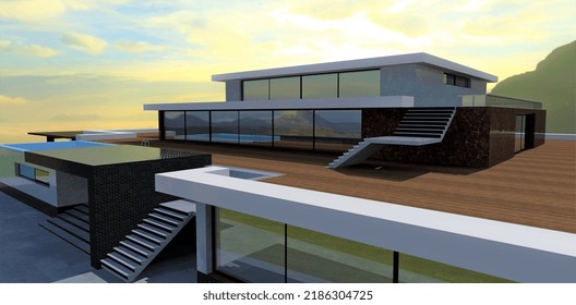 Wonderful Terrace Of A Luxury Home. Exclusive Stairs To The Lower And Upper Levels. The Sun Breaks Through Storm Clouds. 3d Render.