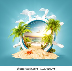 Wonderful tropical landscape with palms and beach in wooden helm on sand. Unusual 3D illustration. Travel and vacation concept.
