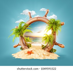 Wonderful Tropical Landscape With Palms And Beach In Wooden Helm On Sand. Unusual 3D Illustration. Travel And Vacation Concept.