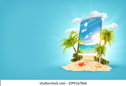 Wonderful Tropical Landscape With Palms And Beach On The Screen Of Smartphone On Sand. Unusual 3D Illustration. Travel And Vacation Concept.