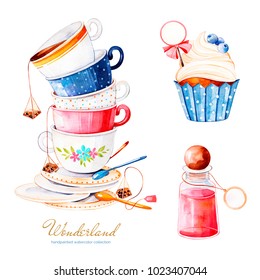 Wonderland Collection.Magical Watercolor Set With Cupcake And Bottle With Label For Your Text, Multicolor Cups Tea.Perfect For Wallpaper,print,packaging,invitation,birthday,wedding,tea Party,logo,menu