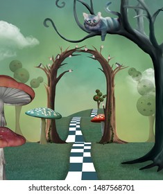 Wonderland surreal landscape with a magic passage and a cheshire cat watching the scene on a tree branch - 3D illustration