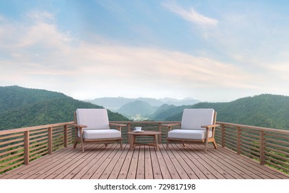 Деревянный балкон с видом на горы 3d рендеринга изображения. В каждой комнате есть деревянный пол. Мебель из ткани и деревянная мебель. Есть деревянные перила с видом на окружающую природу и горы