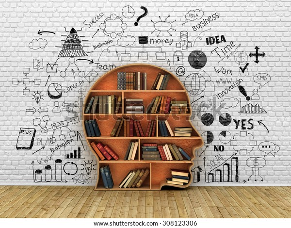 Wood Bookshelf in the Shape of Human\
Head and books near break wall, Knowledge\
Concept