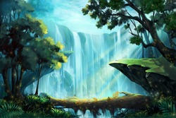 A Ponte Da Madeira Dentro Da Floresta Profunda Perto De Uma Cachoeira. Arte Digital CG Do Videogame, Ilustração Conceitual, Fundo Realista Estilo Dos Desenhos Animados