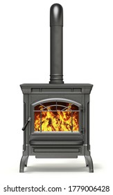 Wood Burning Stove With Fire Flame On White Background - 3D Illustration