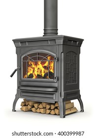 Wood Burning Stove With Fire Flame On White Background - 3D Illustration