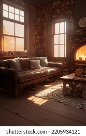 Wood Cabin Interior With Comfortable Sofa And Fireplace. Wooden Floor, Light Coming Through The Window. Photo Realistic, Concept Art, Cinematic Light, Background, Wallpaper, Illustration
