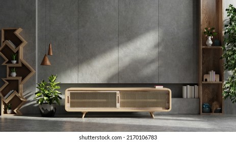 Wood Cabinet For Tv In Living Room Interior Wall Mockup On Concrete Wall.3d Rendering