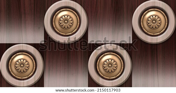 Wood Circular Abstract geometric golden flower background from wooden seamless 3d render