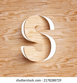 Wood Cut Out And Flipped Font 3D Letter S. Design Suitable For Rustic, Natural, Ecological Or Sustainability Concepts. High Definition 3D Rendering.