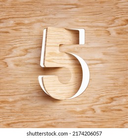 Wood Cut Out Font Digit Number 5. High Quality 3D Rendering.