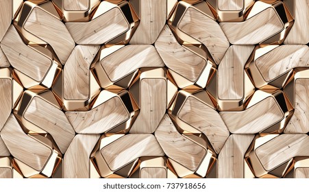 Wood design 3d texture with gold decor. Material wood walnut and gold. High quality seamless realistic texture.