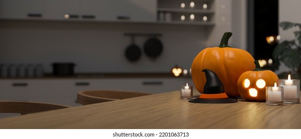 Wood dining table and space   Halloween decor stuff  Halloween pumpkins  witch hat   candles over blurred kitchen in background  3d rendering  3d illustration