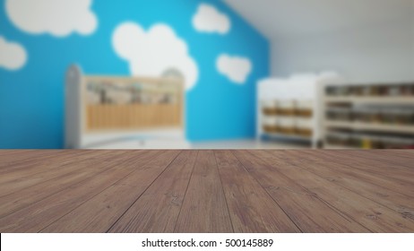 Wood Empty Surface And Baby Room As Background (3D Rendering)