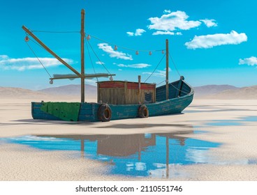 wood fishing boat is low tide on the desert after rain rear side view, 3d illustration