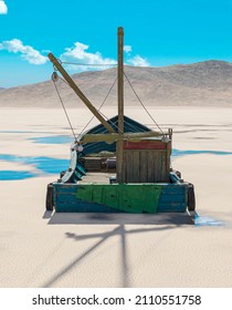 Wood Fishing Boat Is Low Tide On The Desert After Rain Rear View, 3d Illustration