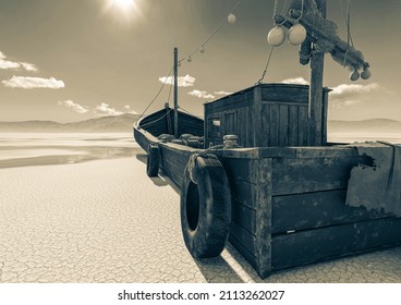 wood fishing boat is low tide on the desert after rain cool rear view, 3d illustration